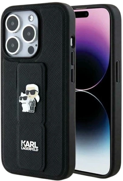 Etui Karl Lagerfeld Gripstand Saffiano Karl&Choupette Pin do Apple iPhone 14 Pro Black (KLHCP14LGSAKCPK) - obraz 1