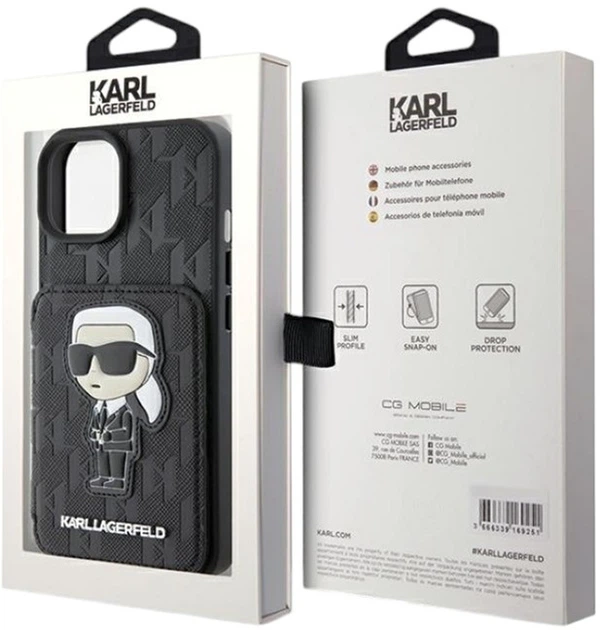 Панель Karl Lagerfeld Saffiano Cardslots and Stand Monogram Ikonik Patch для Apple iPhone 15/14/13 Black (KLHCP15SSAKKNSCK) - зображення 9