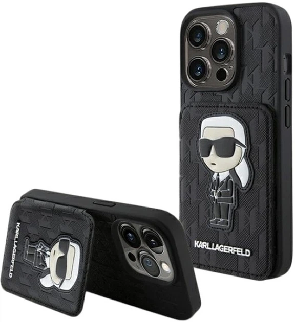 Панель Karl Lagerfeld Saffiano Cardslots and Stand Monogram Ikonik Patch для Apple iPhone 15 Pro Max Black (KLHCP15XSAKKNSCK) - зображення 1