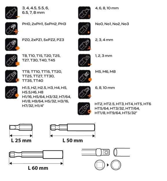 Біти Neo Tools, набір 99шт, 1/4", тримачі 2шт, перехідники 3шт, SL,PH,PZ,H,T,TT, 25мм, сталь S2, кей (00124021) - Фото 3 Біти Neo Tools, набір 99шт, 1/4", тримачі 2шт, перехідники 3шт, SL,PH,PZ,H,T,TT, 25мм, сталь S2, кей (00124021) - изображение 3