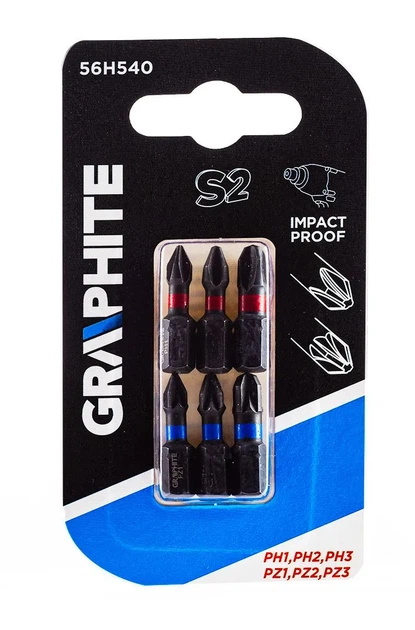 Біти GRAPHITE, набір 6шт, 1/4", ударні, PH,PZ, 25мм, сталь S2 (00124163) - изображение 2
