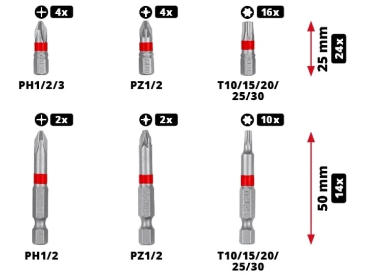 Біти Einhell, набір 42шт, HEX, PH, PZ, Torx, 50мм, кейс (00124871) - Фото 6 Біти Einhell, набір 42шт, HEX, PH, PZ, Torx, 50мм, кейс (00124871) - изображение 6