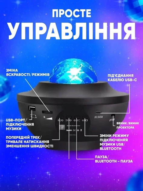 Детский Звездный Проектор - Ночник Starry Projector Звездное Небо, Bluetooth, Динамик И Пульт Черный - изображение 6