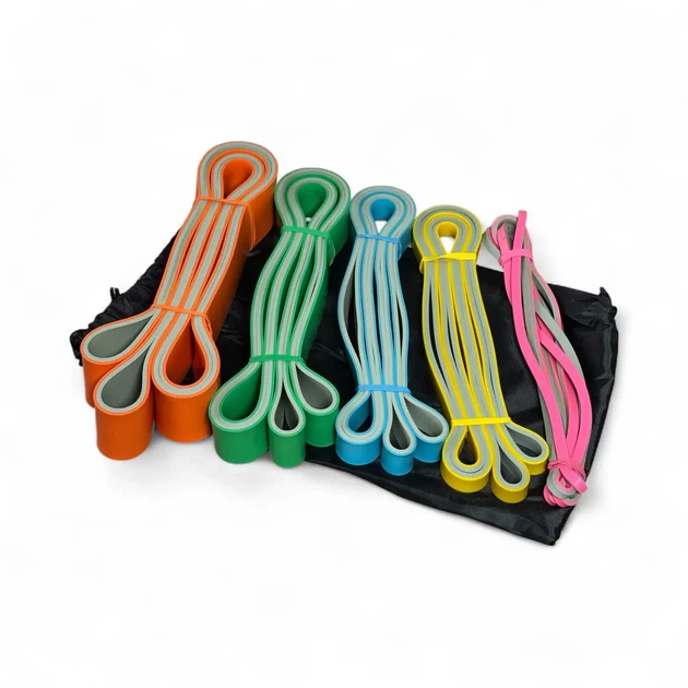 Набор эспандеров-петель для подтягиваний и фитнеса MuvNext Power Bands 4–56 кг (5 шт, двухцветные) + мешок - изображение 9
