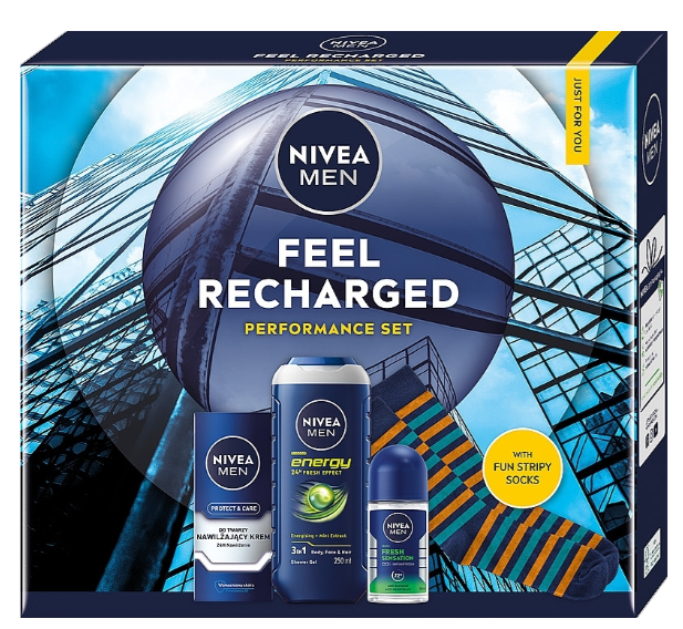 Набір для догляду за тілом Nivea Men Feel Recharged 2025 Бальзам після гоління 75 мл + Антиперспірант кульковий 50 мл + Гель для душу 250 мл + Шкарпетки (5900017102771) - зображення 1