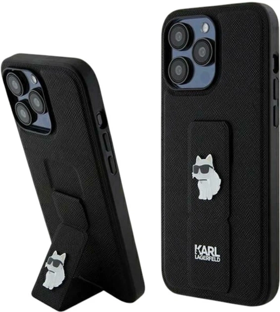 Etui Karl Lagerfeld Gripstand Saffiano Choupette Pin do Apple iPhone 13 Pro Max Black (KLHCP13XGSACHPK) - obraz 1