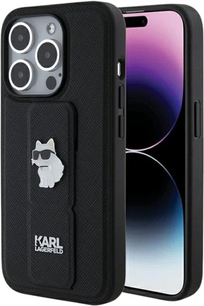 Панель Karl Lagerfeld Gripstand Saffiano Choupette Pin для Apple iPhone 15 Pro Max Black (KLHCP15XGSACHPK) - зображення 1