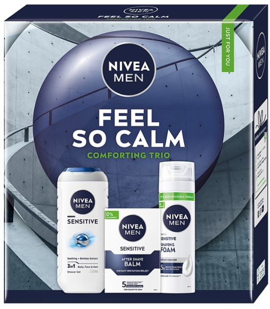 Набір для догляду за тілом Nivea Men Feel so Calm Пінка для гоління 200 мл + Бальзам після гоління 100 мл + Гель для душу 250 мл (5900017102733) - зображення 1