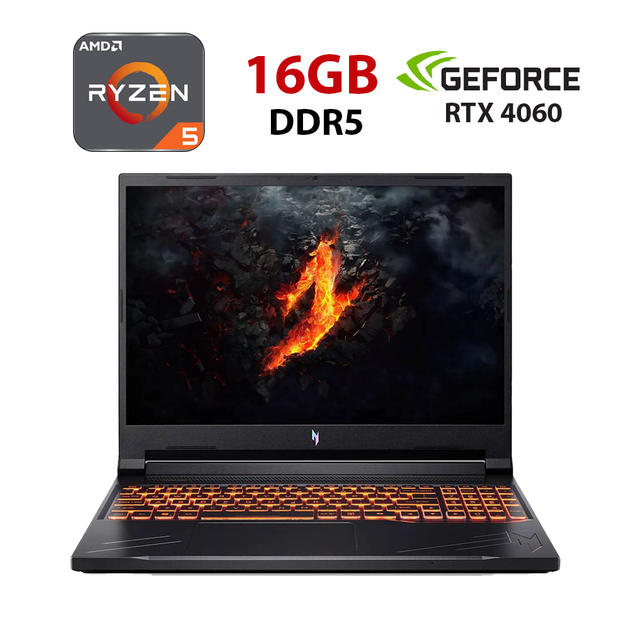 Ігровий ноутбук Б-класу Acer Nitro V16 ANV16-41 / 16" (1920x1200) IPS / AMD Ryzen 5 8645HS (6 (12) ядер по 4,3 - 5,0 ГГц) / 16 ГБ DDR5 / 512 ГБ SSD / nVidia GeForce RTX 4060, 8 ГБ GDDR6, 128-біт / WebCam б/в - Фото 1 Ігровий ноутбук Б-класу Acer Nitro V16 ANV16-41 / 16" (1920x1200) IPS / AMD Ryzen 5 8645HS (6 (12) ядер по 4,3 - 5,0 ГГц) / 16 ГБ DDR5 / 512 ГБ SSD / nVidia GeForce RTX 4060, 8 ГБ GDDR6, 128-біт / WebCam б/в - зображення 1