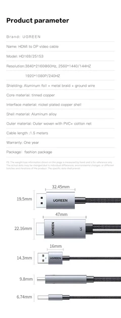 Кабель видео Ugreen Displayport to HDMI 4K 60Hz / 1080P 240Hz однонаправленный 1.5 м Grey (HD169) - изображение 10