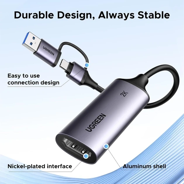 Карта видеозахвата Ugreen HDMI 4K 60Hz USB Type-C 2K 30Hz Gray (CM629) - изображение 2