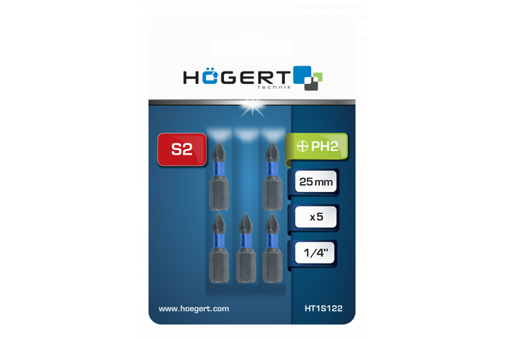 Ударные короткие биты PH2 25 мм сталь S2 5 шт Hogert (HT1S122) - Фото 2 Ударные короткие биты PH2 25 мм сталь S2 5 шт Hogert (HT1S122) - изображение 2