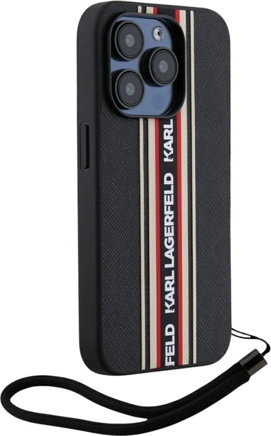Etui plecki Karl Lagerfeld Saffiano Athleisure Stripes Cord do Apple iPhone 15 Pro Black/Red (3666339254629) - obraz 3
