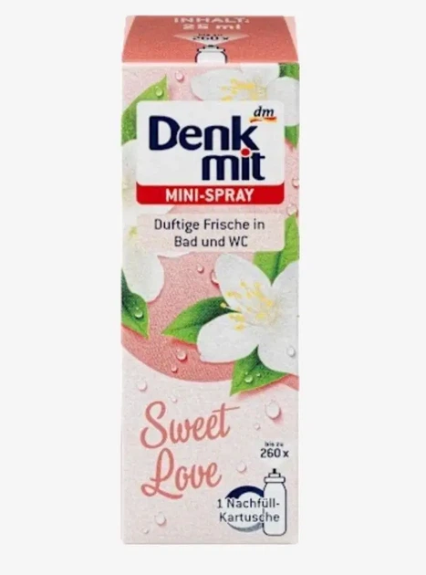 Освежитель воздуха мини-спрей Denkmit Sweet Love, сменный блок, 25 мл - Фото 1 Освежитель воздуха мини-спрей Denkmit Sweet Love, сменный блок, 25 мл - изображение 1