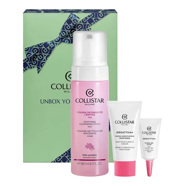 Набір Collistar XMas 2025 Soothing Cleansing Foam заспокійлива пінка для очищення обличчя 180 мл + Idroattiva+ насичений зволожувальний крем 25 мл + Idroattiva+ Eye Hydro-Gel зволожувальний гель для шкіри навколо очей 5 мл (8015150009508) - зображення 1