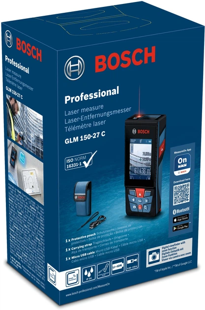 Лазерний далекомір Bosch Professional GLM 150-27 C 0601072Z00 + Кабель Micro USB + Захисний чохол + Ремінь для перенесення (4059952614304) - зображення 6