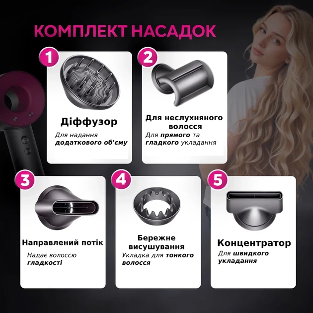 Фен-стайлер для волос Super Hair Dryer 5в1 профессиональный с ионизацией, турборежимом, 1600 Вт, 5 насадок, розовый - Фото 3 Фен-стайлер для волос Super Hair Dryer 5в1 профессиональный с ионизацией, турборежимом, 1600 Вт, 5 насадок, розовый - изображение 3
