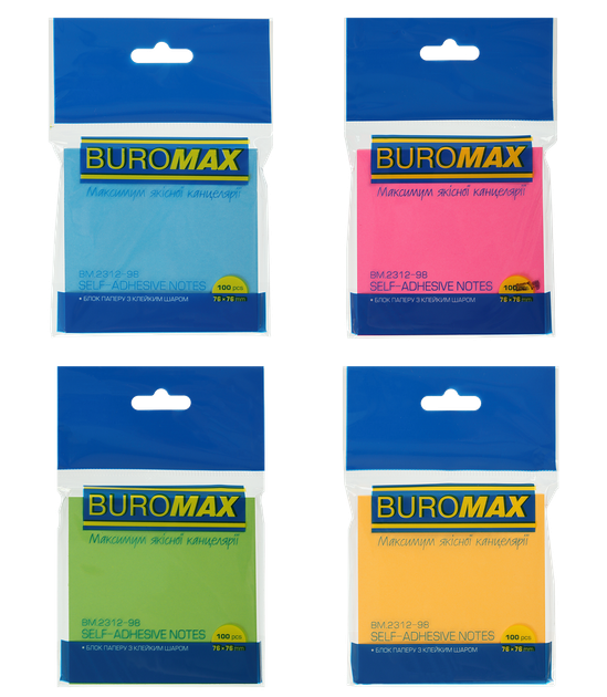 Блок для нотаток з клейким шаром Buromax Neon 76х76мм 100 листів асорті (BM.2312-98) - Фото 1 Блок для нотаток з клейким шаром Buromax Neon 76х76мм 100 листів асорті (BM.2312-98) - зображення 1