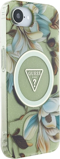 Панель Guess IML Metal Glitter Flowers Triangle MagSafe для Apple iPhone 16e Green (GUHMPSE4HFLPEDN) - зображення 3
