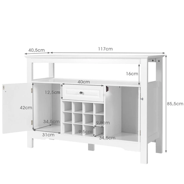 Кухонний комод-буфет з винним стелажем, 117×40,5×82,5 см, білий Costway - зображення 2