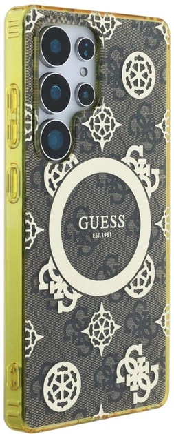 Etui Guess 4G Background Gold Electroplated Peony Pattern MagSafe do Samsung Galaxy S25 Ultra Brown (3666339449728) - obraz 4