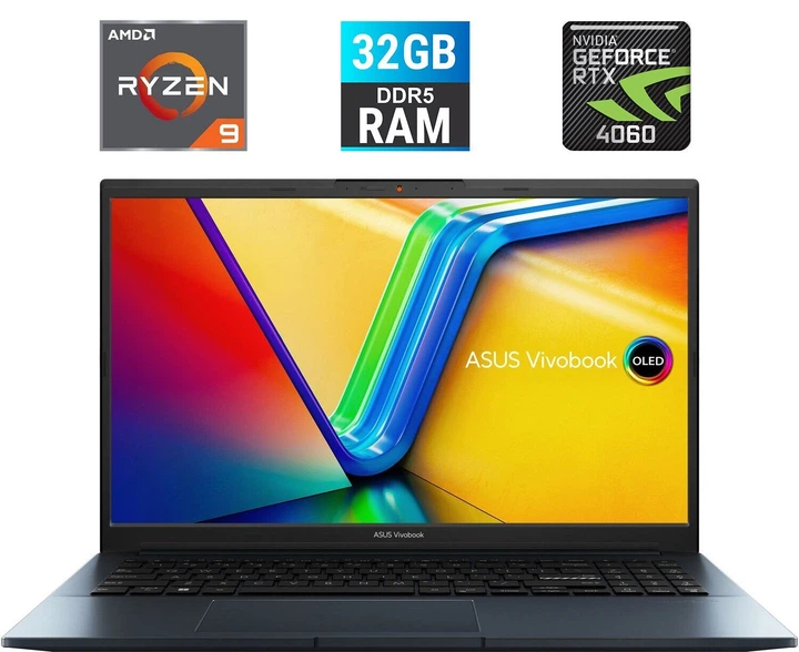 Игровой ноутбук Asus Vivobook Pro 15 OLED M6500XV / 15.6" (2880x1620) OLED / AMD Ryzen 9 7940HS (8 (16) ядер по 4.0 - 5.2 GHz) / 32 GB DDR5 / 1000 GB SSD M.2 / nVidia GeForce RTX 4060, 8 GB GDDR6, 128-bit / WebCam / HDMI - Фото 1 Игровой ноутбук Asus Vivobook Pro 15 OLED M6500XV / 15.6" (2880x1620) OLED / AMD Ryzen 9 7940HS (8 (16) ядер по 4.0 - 5.2 GHz) / 32 GB DDR5 / 1000 GB SSD M.2 / nVidia GeForce RTX 4060, 8 GB GDDR6, 128-bit / WebCam / HDMI - изображение 1