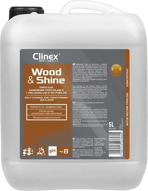 Emulsja Clinex Wood&Shine samonabłyszczająca i pielęgnująca podłogi 5 l (5907513275343) - obraz 1