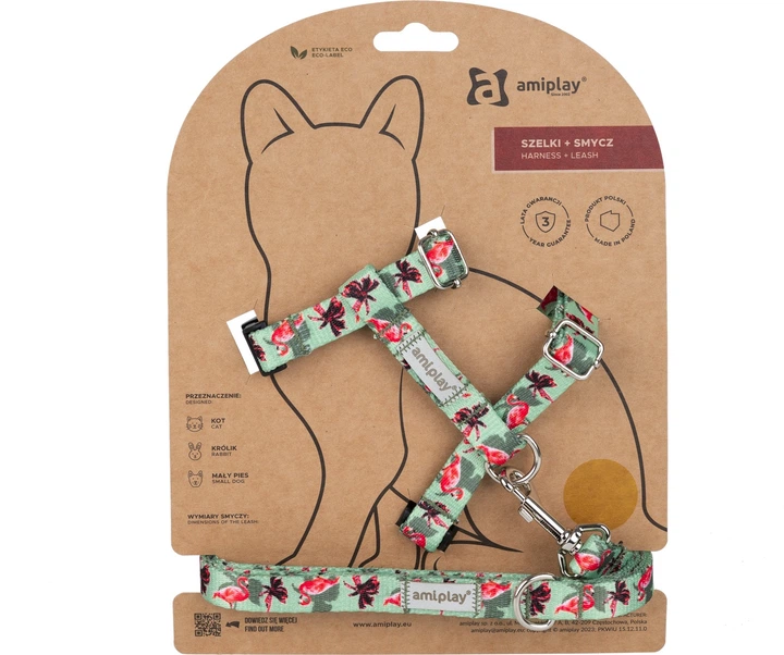 Шлейка з повідцем для котів Amiplay BeHappy M Flamingo (5907563305021) - зображення 1