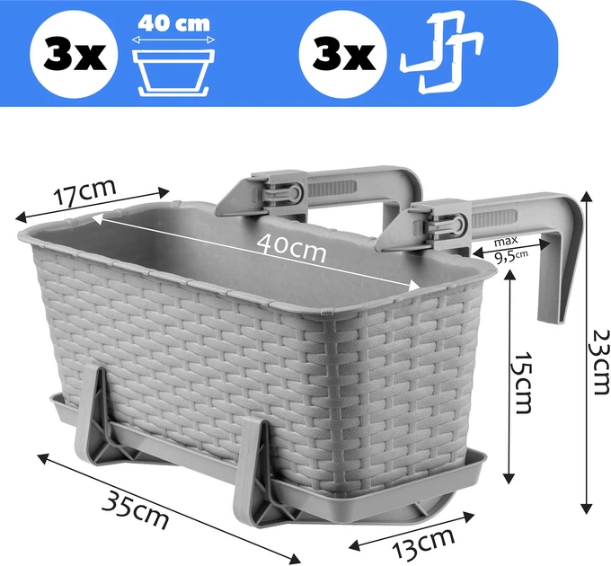 Балконний горщик з ручками Kadax Castro K8203 3 шт. Світло-сірий - зображення 6