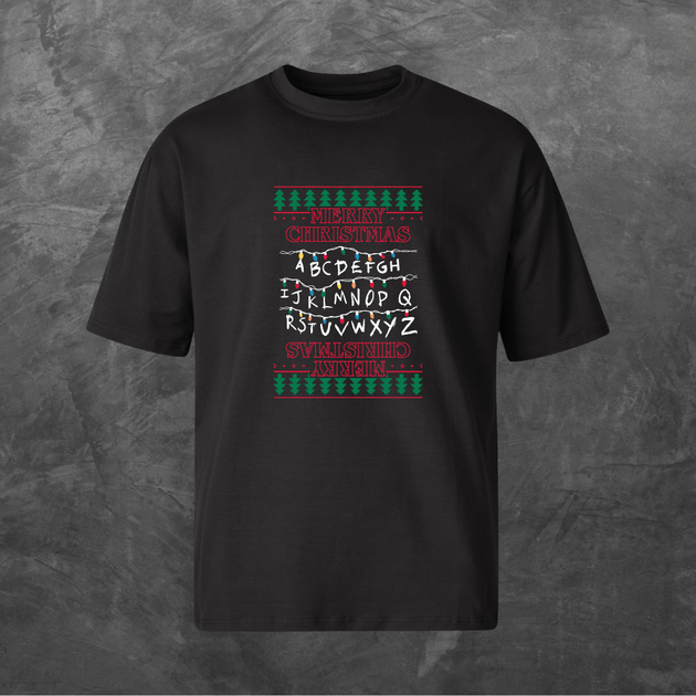 Футболка унісекс з принтом новорічним Merry Christmas Stranger Things Оверсайз чорна M - Фото 1 Футболка унісекс з принтом новорічним Merry Christmas Stranger Things Оверсайз чорна M - зображення 1