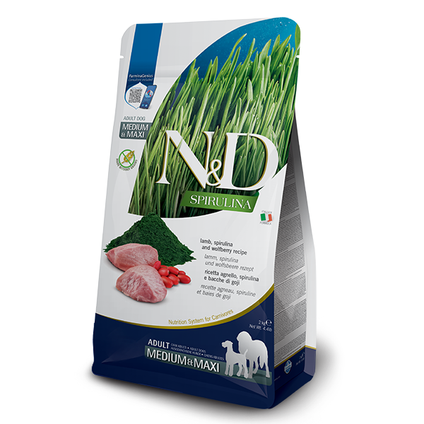 Сухой беззерновой корм Farmina N&D SPIRULINA для взрослых собак средних и больших пород с ягненком, спирулиной и ягодами годжи, (41074) 2 кг - Фото 1 Сухой беззерновой корм Farmina N&D SPIRULINA для взрослых собак средних и больших пород с ягненком, спирулиной и ягодами годжи, (41074) 2 кг - изображение 1