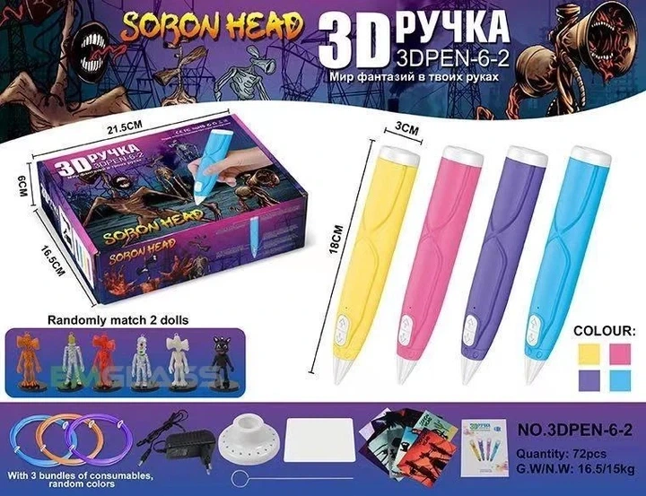 Детская 3D Ручка для рисования с эко пластиком 3Д 3D-6-2 набор с трафаретами Сиреноголовый Синий - изображение 8