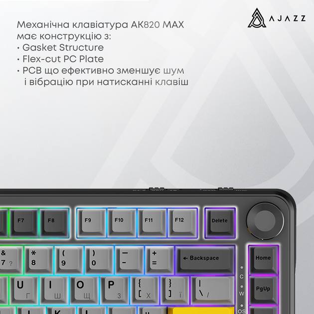 Ігрова дротова механічна клавіатура Ajazz AK820 MAX Magnetic switches-Black-Gray-Yellow-RGB - Фото 6 Ігрова дротова механічна клавіатура Ajazz AK820 MAX Magnetic switches-Black-Gray-Yellow-RGB - зображення 6
