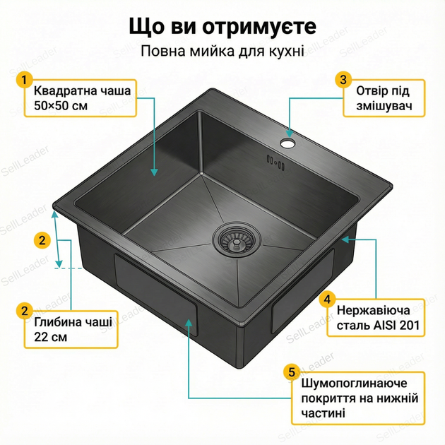 Кухонна мийка Insana Extor IB 50х50см нержавіюча сталь врізна раковина квадратна 22 см глибока чорна - зображення 10
