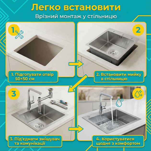Мийка кухонна LEIF 50x50см врізна раковина з нержавіючої сталі сатинова глибина 22см квадратна - Фото 9 Мийка кухонна LEIF 50x50см врізна раковина з нержавіючої сталі сатинова глибина 22см квадратна - зображення 9