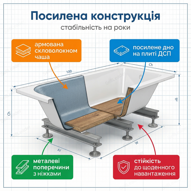 Акриловая ванна Vivia Fortuna 160x70см антискользящее дно прямоугольная для дома отеля глубина 39см без ног - изображение 7