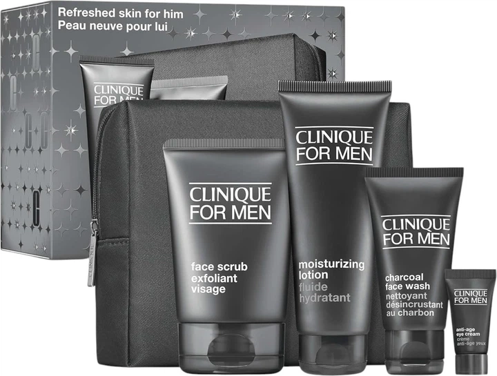 Набір для чоловіків Clinique For Men Refreshed Skin For Him Пілінг для обличчя 100 мл + Зволожуючий бальзам 100 мл + Гель для вмивання 50 мл + Крем для шкіри навколо очей 7 мл + Косметичка (192333275986) - зображення 2