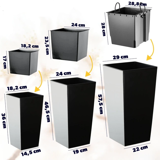 Donice na kwiaty z wkładem Kadax Masiera K8048 19 cm + 25 cm + 30 cm Czarne - obraz 2