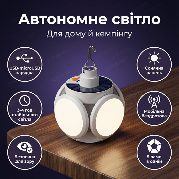 Ліхтар акумуляторний BL 2029 кемпінговий лампа сонячна батарея USB зарядка для намету світильник 4 режими - Фото 2 Ліхтар акумуляторний BL 2029 кемпінговий лампа сонячна батарея USB зарядка для намету світильник 4 режими - зображення 2