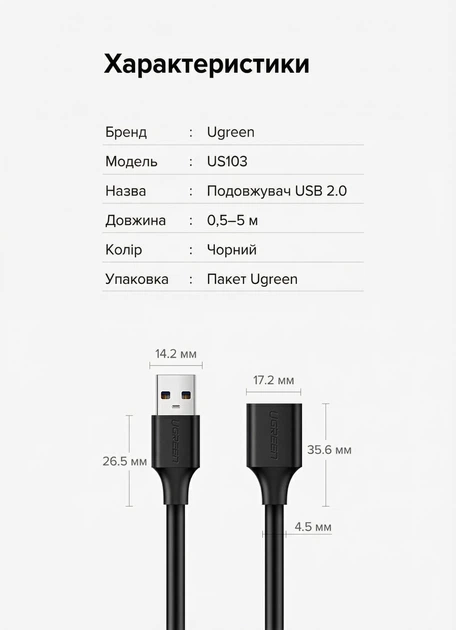 Кабель-подовжувач Ugreen US103 USB 2.0 1.5 м 480 Мбіт/с Чорний (10315) - зображення 9