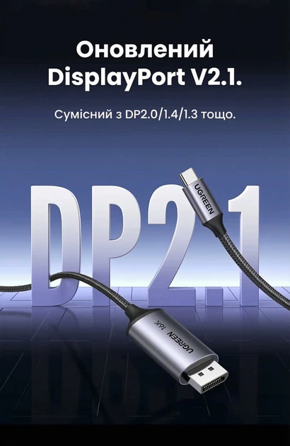 Кабель Ugreen CM707 USB-C - DisplayPort 2.1 2 м Темно-серый, 40 Гбит/с, 16K 30Hz, 4K 240Hz (25865) - изображение 4