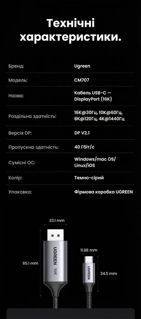 Кабель Ugreen CM707 USB-C - DisplayPort 2.1 2 м Темно-серый, 40 Гбит/с, 16K 30Hz, 4K 240Hz (25865) - изображение 10