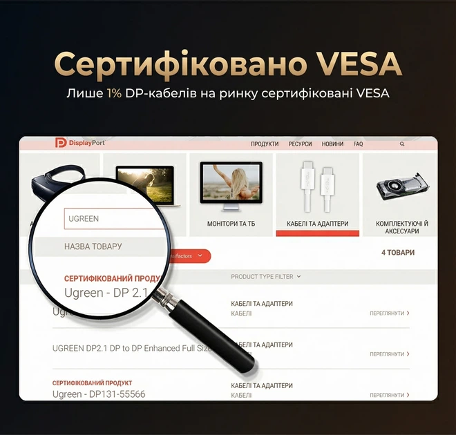 Кабель Ugreen DP131 DisplayPort v2.1 80 Гбит/с 16K 60Hz 4K 240Hz VESA 2 м Черный (55568) - изображение 8