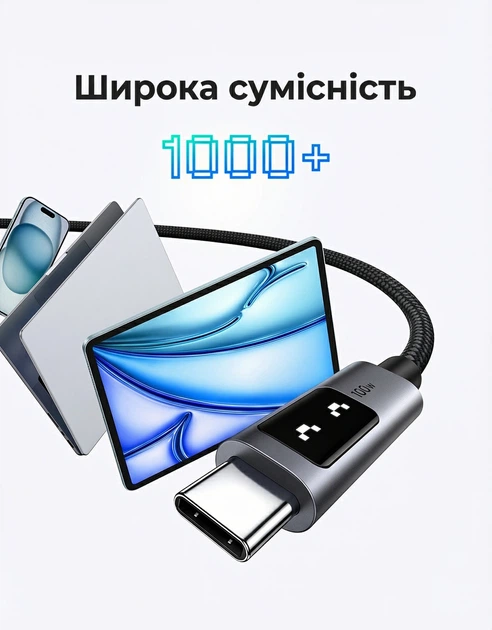 Кабель Ugreen Uno L509 USB-C - USB-C PD 100W 5A 3 м Smart LED Display Nylon Чорний (35513) - зображення 5