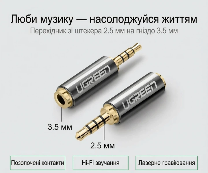 Аудіо перехідник Ugreen 20501 2.5 мм - 3.5 мм TRRS 4 pin, з підтримкою мікрофона, Hi-Fi Чорний (20501) - зображення 2