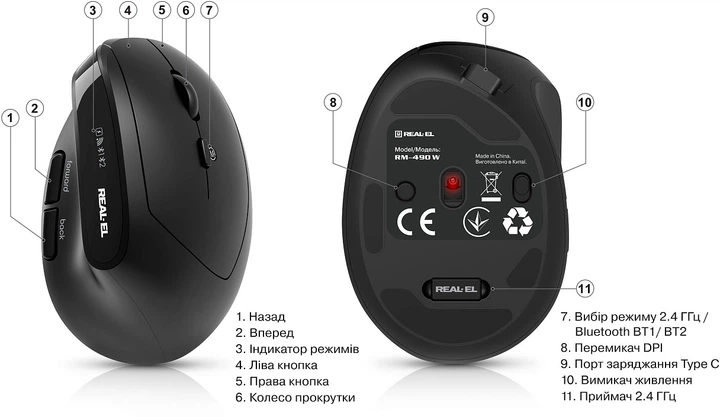 Мышь Real-El RM-490W Wireless/Bluetooth Black (EL123200058) - изображение 9