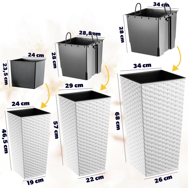 Donice na kwiaty z wkładem Kadax Pesaro K8057 25 cm + 30 cm + 35 cm Białe - obraz 2