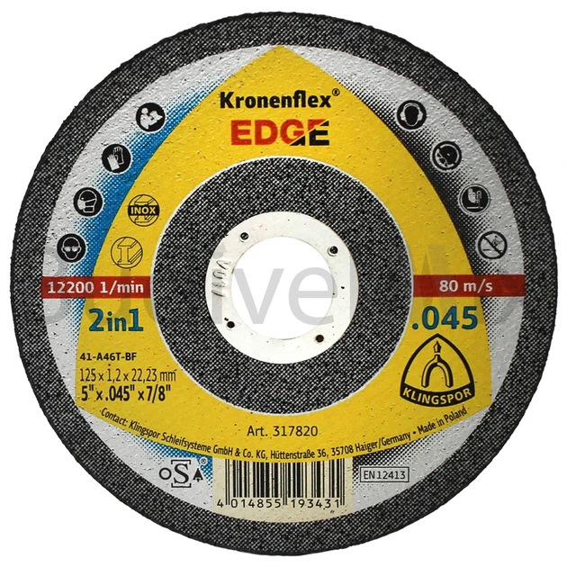 Диск абразивний відрізний по металу Klingspor Kronenflex EDGE 125x1,2x22,23 мм - Фото 1 Диск абразивний відрізний по металу Klingspor Kronenflex EDGE 125x1,2x22,23 мм - изображение 1