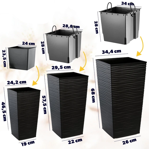 Квіткові горщики зі вставкою Kadax Tuluza K8062 25 см + 30 см + 35 см Чорні - зображення 2