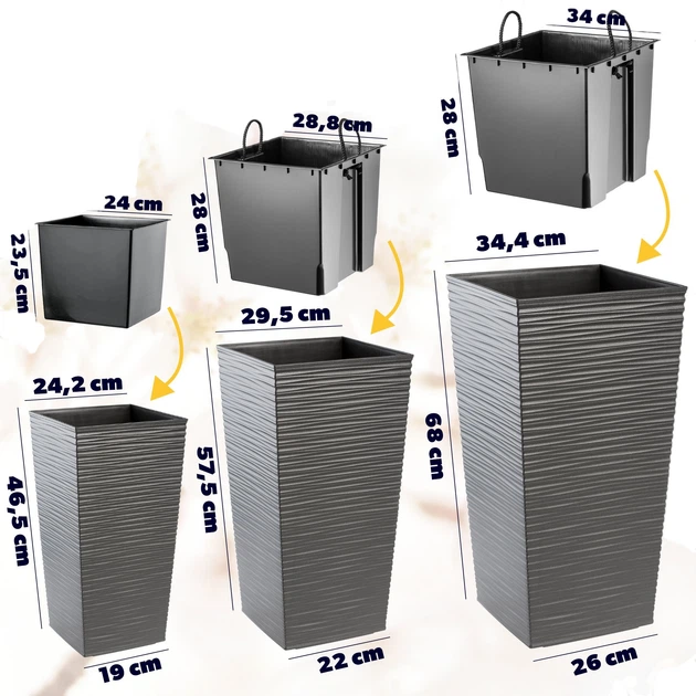Donice na kwiaty z wkładem Kadax Tuluza K8063 25 cm + 30 cm + 35 cm Grafit - obraz 2